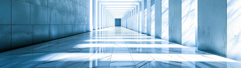 A modern hallway featuring sleek lines and bright light, creating a tranquil and spacious atmosphere.
