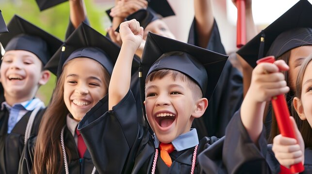 A group of kids in graduation caps and gowns celebrate their achievements. - Powered by Adobe