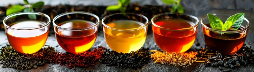 Fototapeta premium A beautiful display of various tea types in glass cups, showcasing colors and textures, perfect for beverage and health concepts.