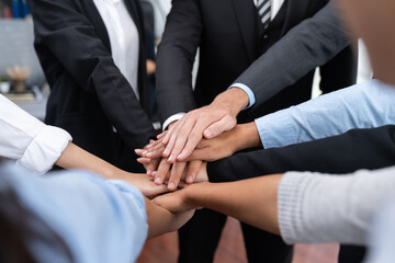Fototapeta premium Multiracial business people make synergy hand stack together in meeting room as cooperation or team building for corporate employee in workplace. Meticulous