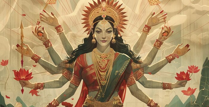 illustration of Indian goddess durga with multiple hands artwork