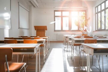 Empty classroom with desks, chairs and projector screen.