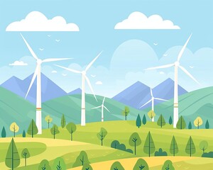 Fototapeta premium Wind power farm, conservation efforts and turbines, flat design illustration