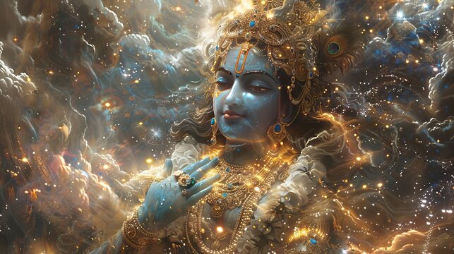 an artistic portrait of indian beautiful god krishna into the clouds showing vishvarupa of krishna