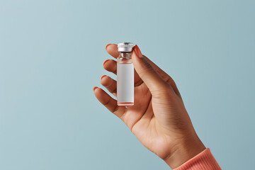 Elegant female hand holding a vial on a plain background 