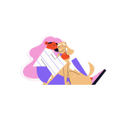 A very cute vector illustration of a girl sitting and hugging a dog