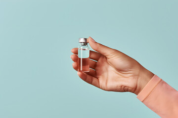 Elegant female hand holding a vial on a plain background 