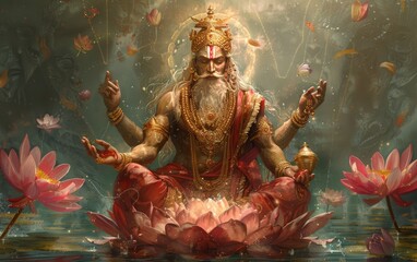 a vibrant painting of indian god brahma on the pink lotus