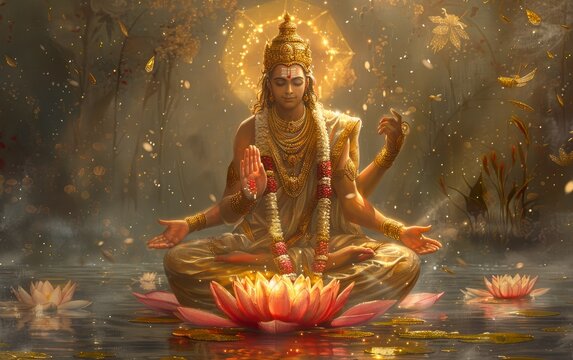a vibrant image of indian god brahma on the pink lotus