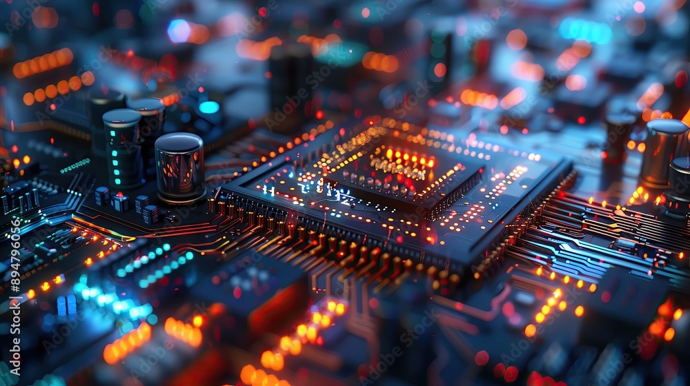 Poster close-up of a modern, illuminated circuit board with intricate components and glowing connections, r