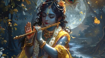 An Illustration of young god krishna playing his flute at night