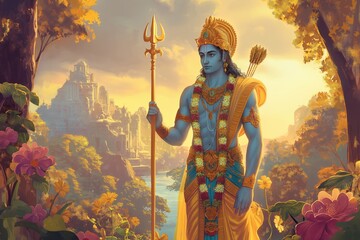 Fototapeta premium An Illustration of young god rama standing in the garden with trident