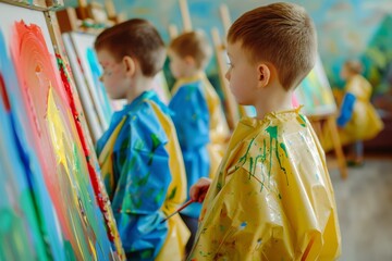 Children Paint With Colorful Paint On Canvas During Art Class.