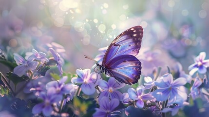 Artistic close-up of purple butterfly on white violet flowers in morning sunlight.