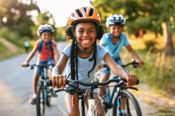 Happy kids on bikes in park.