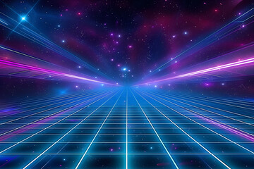 Retro 80s video game background with grid of blue light streaking in space