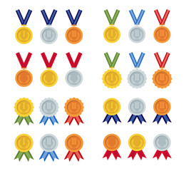 gold silver and bronze medals icon set with color ribbons and with laurel wreath isolated on white background