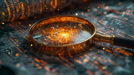 A fantasy-style image of a magnifying glass over magical financial scrolls, with enchanted graphs and charts illuminated by a mystical light. 