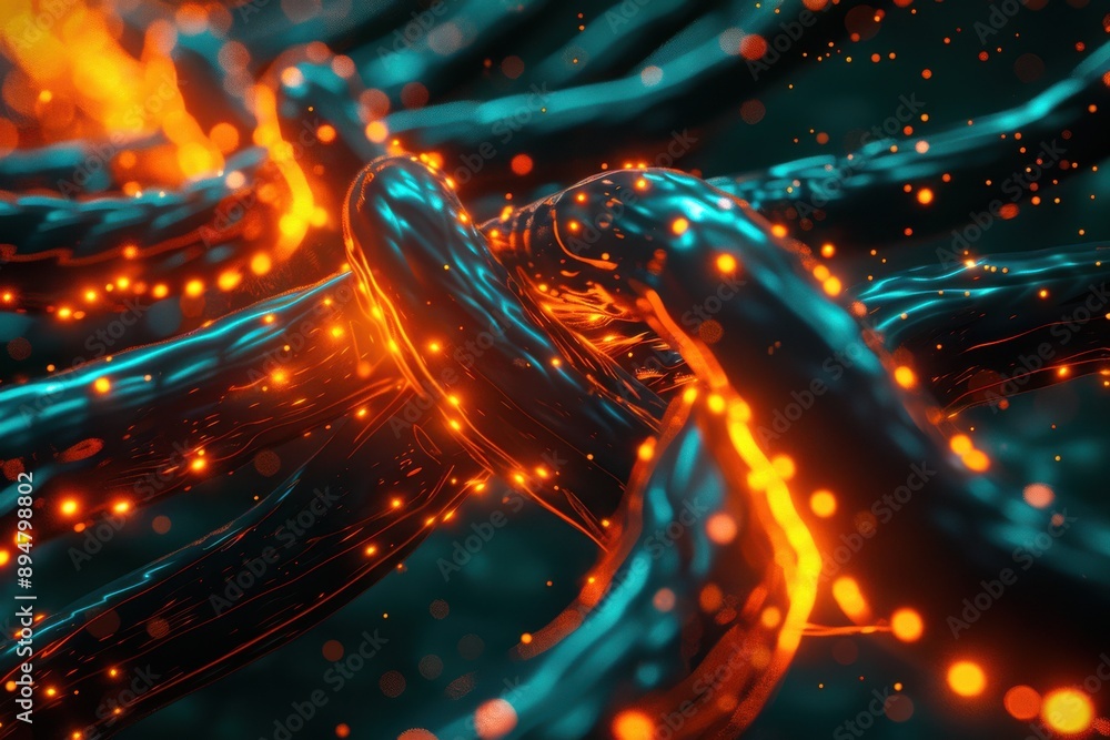 Poster a close-up of glowing lines with light flowing in a dark environment, creating a futuristic and ener