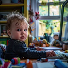 A photograph of a baby, sitting at a computer, close-up, 16:9