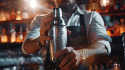 Professional bartender shaking a cocktail.