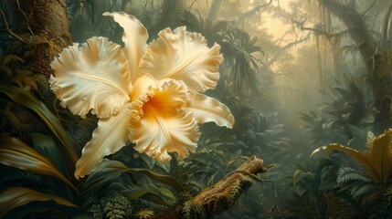 Botanical illustration of cream cattleya orchid on tree bark in lush tropical forest