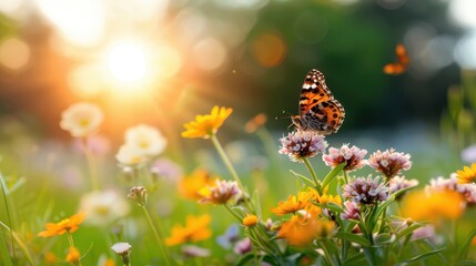 Butterflies and wildflowers glow warmly in the golden sunset, set against a backdrop of a naturally rich meadow, embodying a serene and beautiful summer evening. © Pinklife