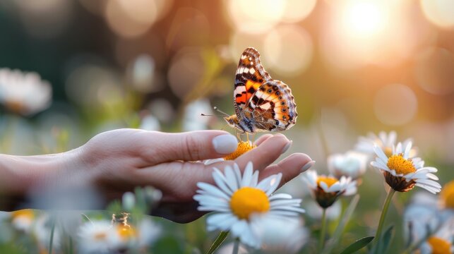 A butterfly delicately perches on a hand amidst a field of daisies, highlighted by the warm glow of the setting sun, symbolizing gentleness and connection with nature.