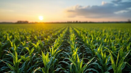 Fototapeta premium A vibrant green field with crops under a sunrise or sunset.