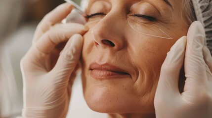 Closeup of Plastic Surgeon Performing Facelift. Plastic Surgery Techniques for Mature Skin.