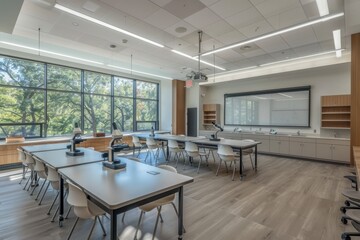 Modern classroom with microscopes and tables.