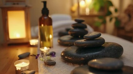 A calming spa scene with stacked black massage stones, lit candles, and a brown oil bottle. Soft lighting sets a serene mood, ideal for relaxation therapy. Evening ambiance enhances tranquility.