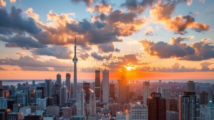 Fototapeta premium A dramatic sunset over a modern city skyline at dusk, featuring landmark buildings, colorful clouds, and reflective waters, creating an inspiring and mesmerizing urban view.