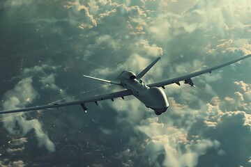 Naklejka premium Drone in Flight Over Cloudy Cityscape