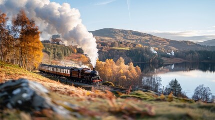 Fototapeta premium A steam train journeying through an autumn forest beside a serene lake, with bright autumn leaves and clear skies enhancing the picturesque landscape.