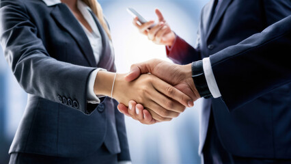 Obraz premium Two business people shaking hands in a meeting, AI