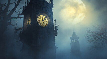Glowing clock tower in a mystical landscape.