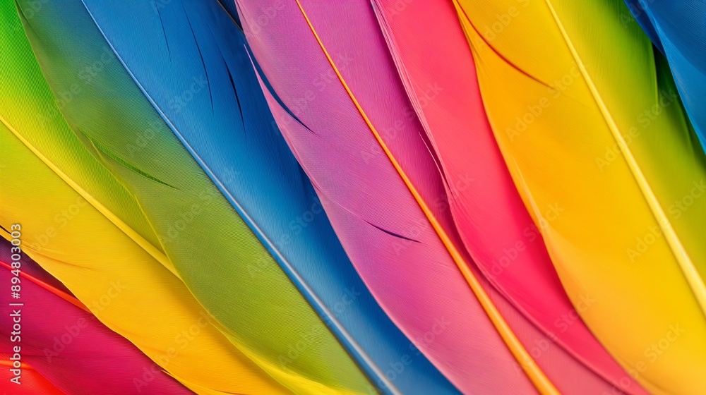 Poster a colorful feather pattern with a rainbow of colors. the feathers are arranged in a way that creates