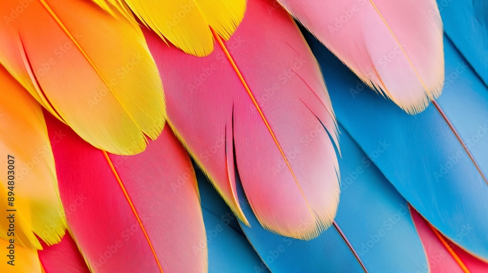 Poster a colorful bird feather with a rainbow pattern. the feathers are arranged in a way that creates a se