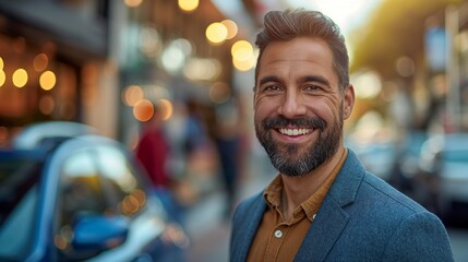Obraz premium A man with a beard smiles brightly on a city street with bokeh lights in the background.