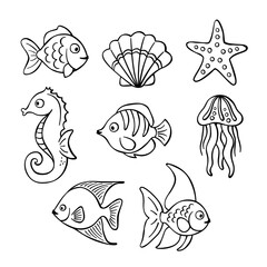 Sea animals vector sketch set, underwater hand drawn collection