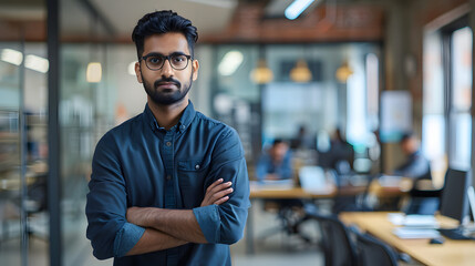Obraz premium Portrait of a young successful Indian male programmer, developer standing in an office center, crossing his arms over his chest and looking seriously at the camera