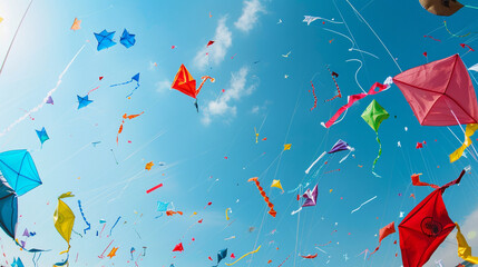 Colorful kites in the sky, representing Indian national pride and unity.