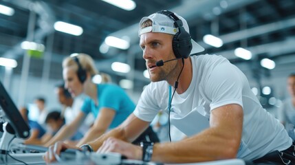 A dynamic image featuring individuals in a modern gym environment using workout machines while wearing headsets, emphasizing physical fitness and technological integration.