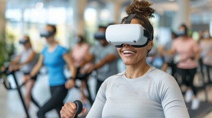An innovative image showing a woman exercising in a modern gym setting while wearing VR goggles, blending fitness with virtual reality technology for an immersive experience.