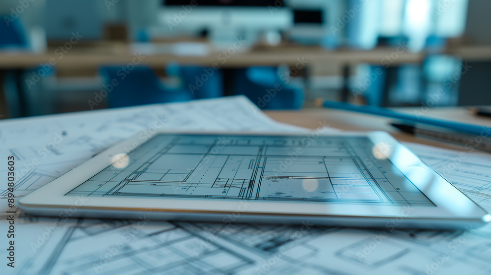 Poster architectural blueprint plan drawing draft sketch displayed on a tablet device screen on an office t