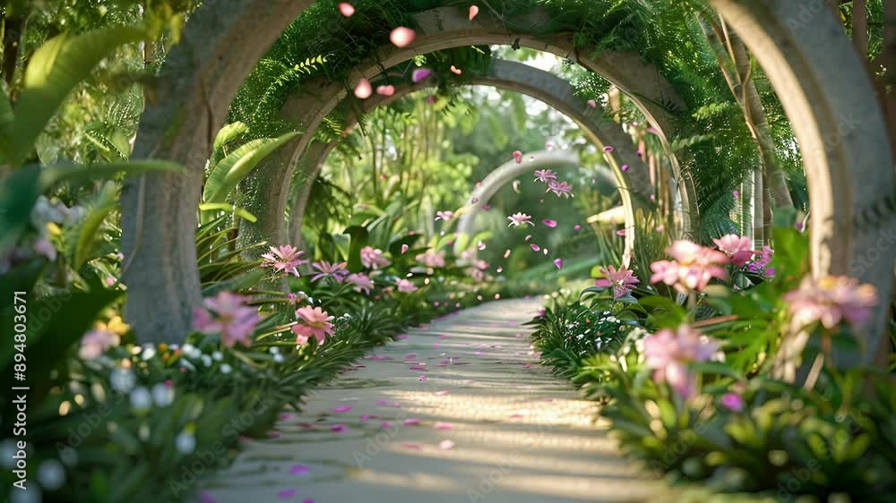 Poster a tranquil garden path sheltered by towering abstract archways and delicate floating petals.