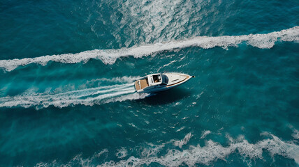 Fototapeta premium aerial top view of a speed boat in blue water of sea, copy-space pattern