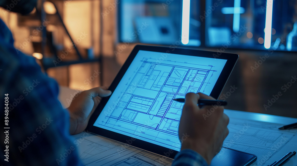 Poster tablet displaying an architectural blueprint sketch, set on an office table. engineer engrossed in c