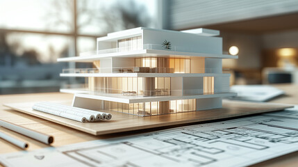 3D model of a sleek white modern luxurious building on a wooden desk, with architectural drawings and site blueprints laid out for construction work. Home or house apartment proper